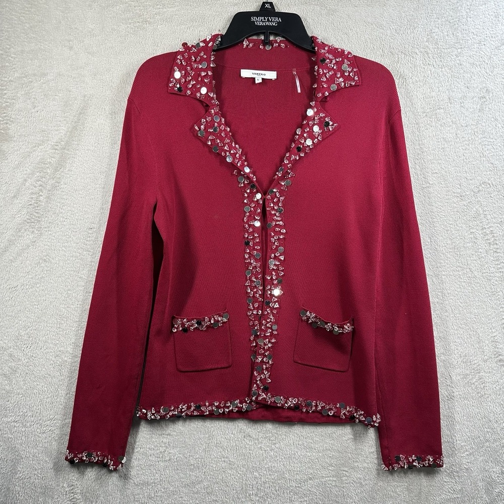 Vertigo Paris Women's Cardigan Size L‎ Red Beaded Embellished Elegant
